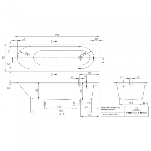 Ванна Villeroy & Boch Oberon 170 x 70 см квариловая UBQ177OBE2V-01