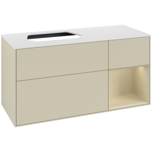 Villeroy & Boch Finion Тумба под раковину, с подсветкой, 3 выдвижных ящика, 1200 x 603 x 501 mm, Silk Grey Matt Lacquer / Silk Grey Matt Lacquer / Glass White Matt F401HJHJ