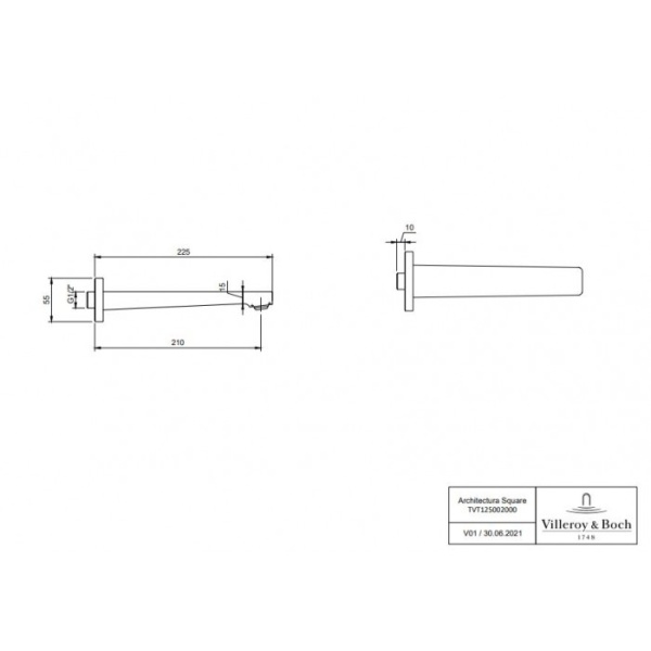 Излив Villeroy & Boch Architectura Square TVT125002000K5 для ванны, черный матовый TVT125002000K5