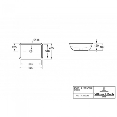 Раковина под столешницу Villeroy & Boch Loop & Friends 540 x 340 x 185 mm, Альпийский белый CeramicPlus, с переливом 616300R1