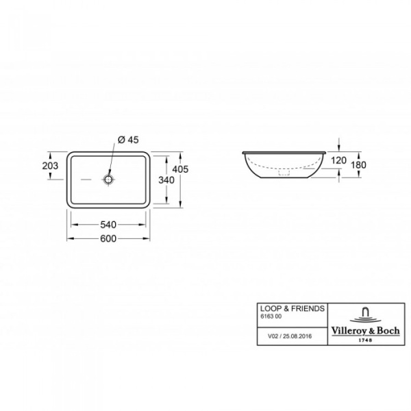 Раковина под столешницу Villeroy & Boch Loop & Friends 540 x 340 x 185 mm, Альпийский белый CeramicPlus, с переливом 616300R1