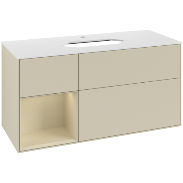 Villeroy & Boch Finion Тумба под раковину, с подсветкой, 3 выдвижных ящика, 1200 x 603 x 501 mm, Silk Grey Matt Lacquer / Silk Grey Matt Lacquer / Glass White Matt F291HJHJ