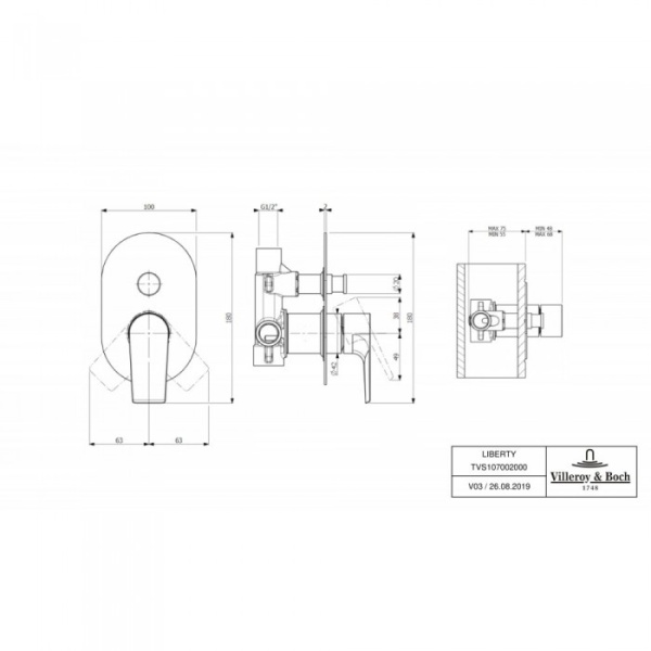 Смеситель для душа встраиваемый на 2 выхода Villeroy & Boch Liberty однорычажный TVS10700200061