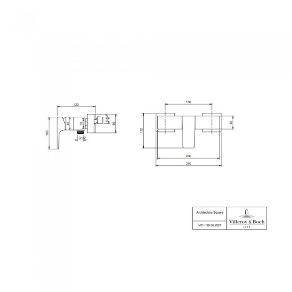 Смеситель Villeroy & Boch Architectura Square TVS12500100064 для душа, никель сатинированный TVS12500100064