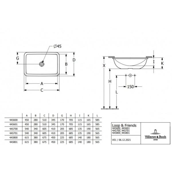 Villeroy & Boch Loop & Friends 4A570001 Встраиваемая раковина 540 mm