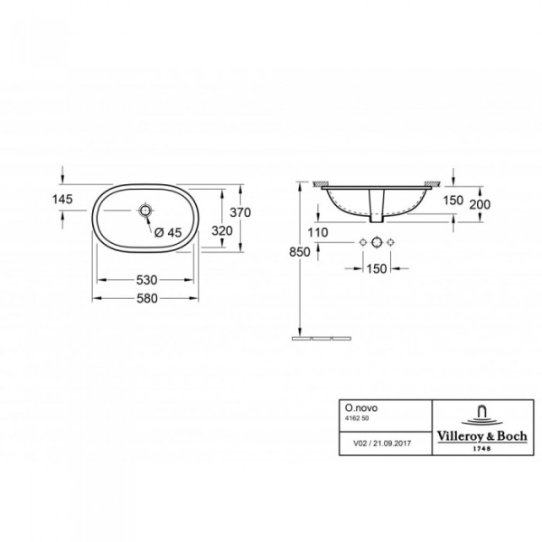 Раковина под столешницу Villeroy & Boch O.novo 58 x 37 см 41625001