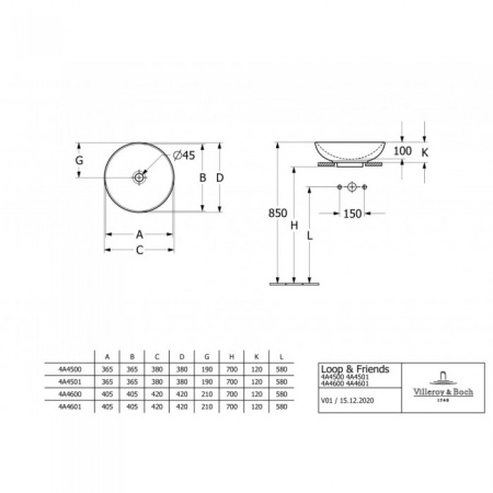 Раковина накладная Villeroy & Boch Loop&Friends 42 x 42 см 4A460001