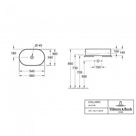 Раковина накладная Villeroy & Boch Collaro 36 x 56 см 4A195601