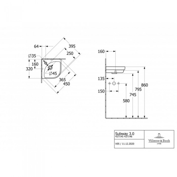 Раковина угловая Villeroy & Boch Subway 3.0 32 x 32 см 43714601