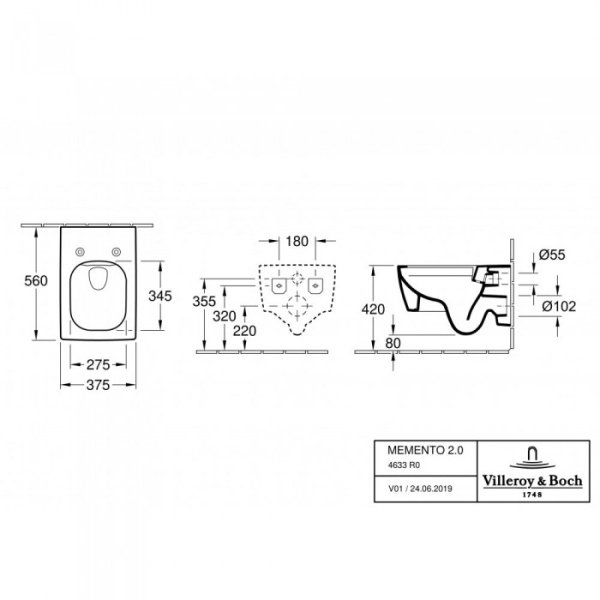 Унитаз подвесной (без сиденья) Villeroy & Boch Memento 2.0 4633R001