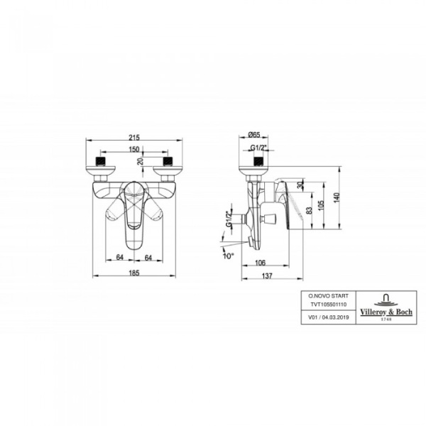 Смеситель для ванны Villeroy & Boch O.novo Start однорычажный TVT10550111061