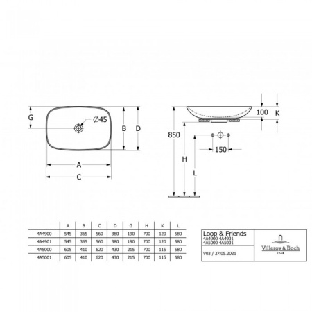 Раковина накладная Villeroy & Boch Loop&Friends 56 x 38 см 4A490001