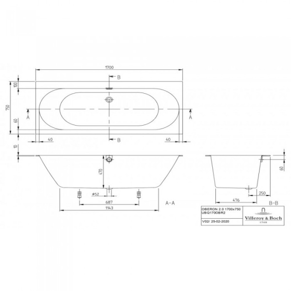 Ванна Villeroy & Boch Oberon 2.0 170 x 75 см квариловая UBQ170OBR2DV-01