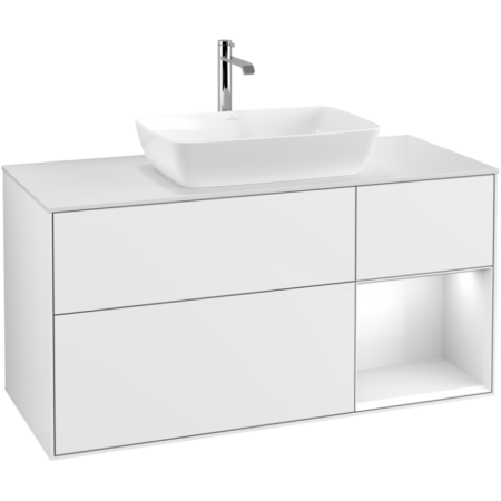 Villeroy & Boch Finion Тумба под раковину, с подсветкой, 3 выдвижных ящика, 1200 x 603 x 501 mm, Glossy White Lacquer / Glossy White Lacquer / Glass White Matt G831GFGF