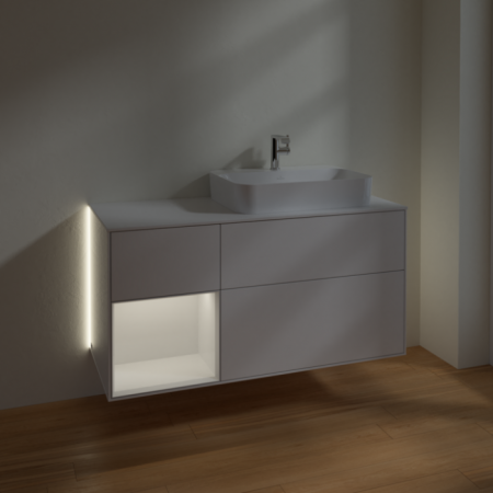Villeroy & Boch Finion Тумба под раковину, с подсветкой, 3 выдвижных ящика, 1200 x 603 x 501 mm, Glossy White Lacquer / Glossy White Lacquer / Glass White Matt G391GFGF