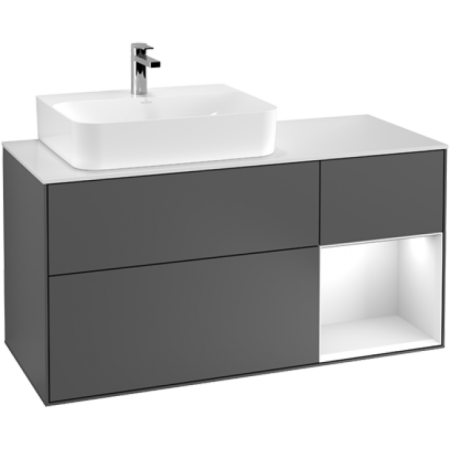 Villeroy & Boch Finion Тумба под раковину, с подсветкой, 3 выдвижных ящика, 1200 x 603 x 501 mm, Walnut Veneer / Black Matt Lacquer / Glass Black Matt F152PDGN